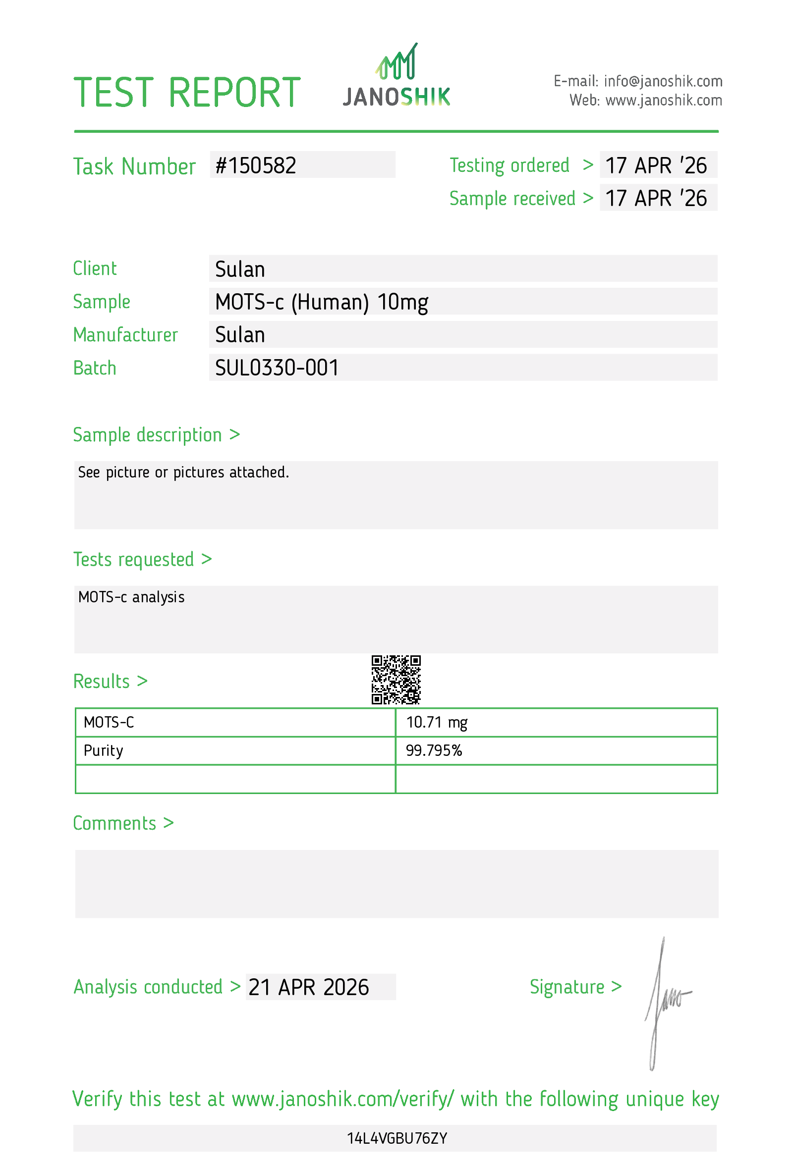 MOTS-c (Human) 10mg Janoshik report #150582