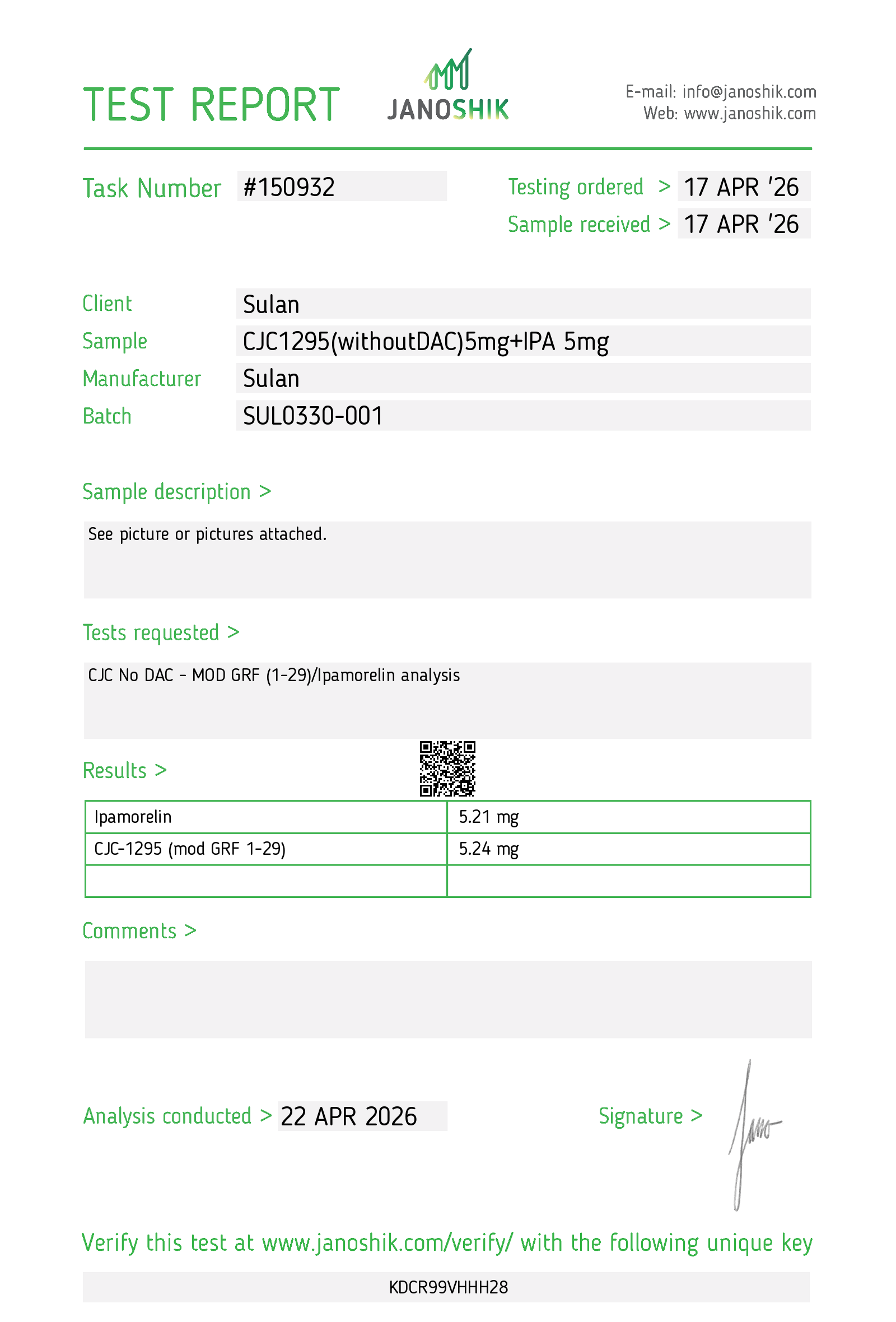 CJC1295(no DAC)5mg + IPA 5mg Janoshik report #150932