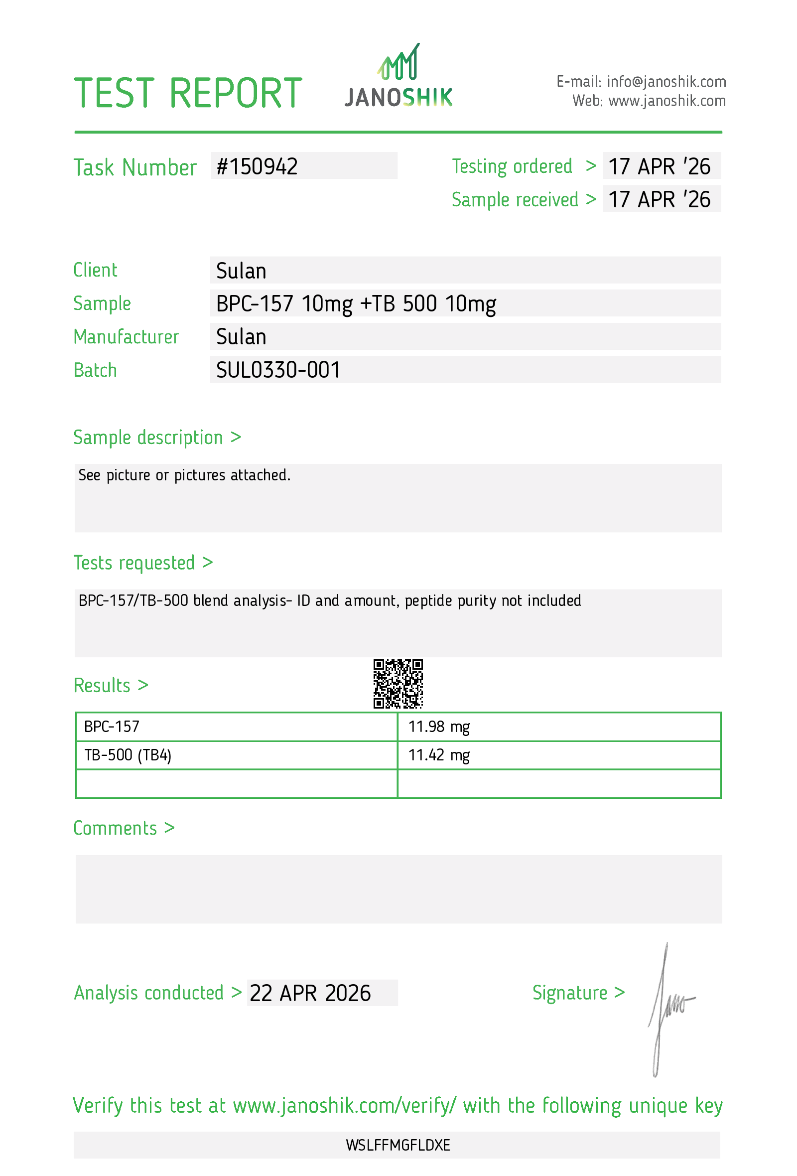 BPC-157 10mg + TB-500 10mg Janoshik report #150942