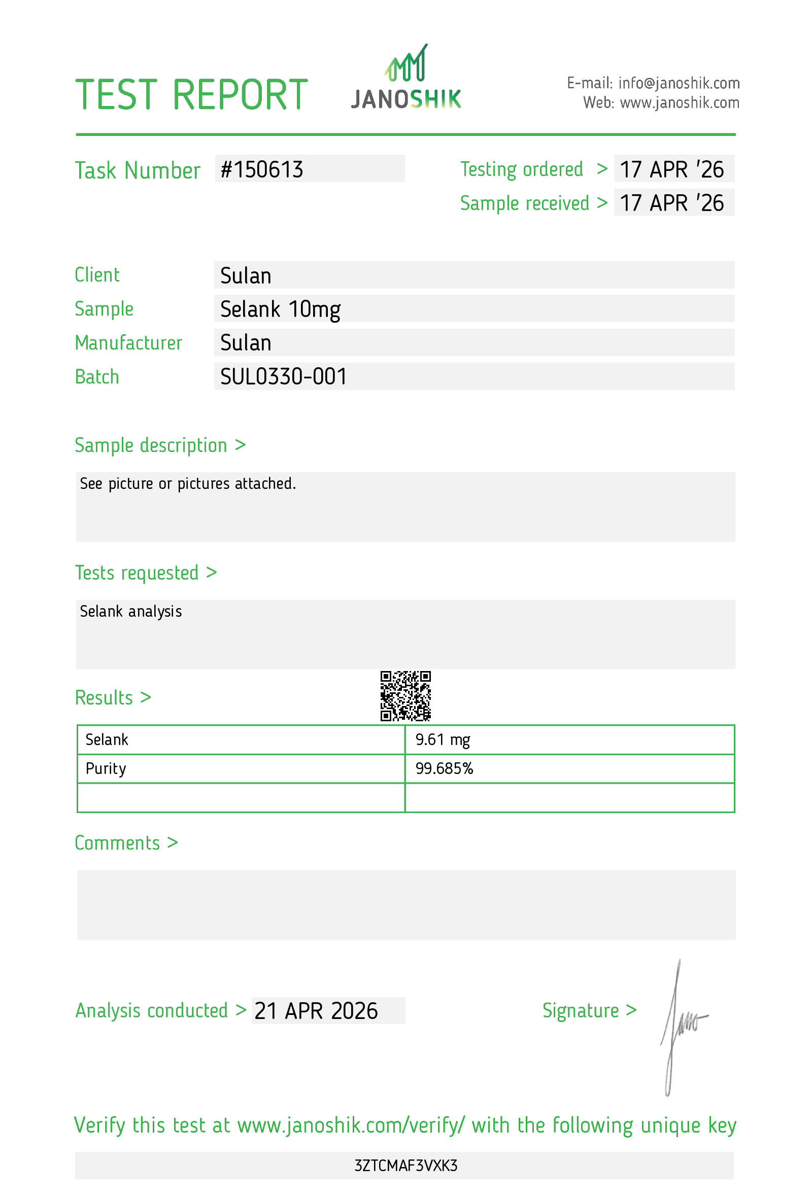 Selank 10mg Janoshik report #150613